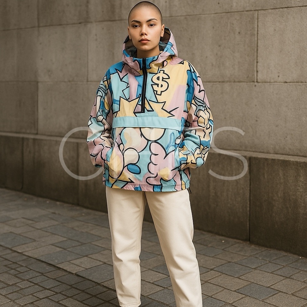 REASON POP ART NEO WORLD Hooded 1/2 Zip Anorak Windbreaker Y2K Jacket Small